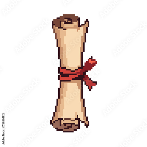 Pixelated Scroll with Red Ribbon, Rolled Parchment, Old Paper Texture.