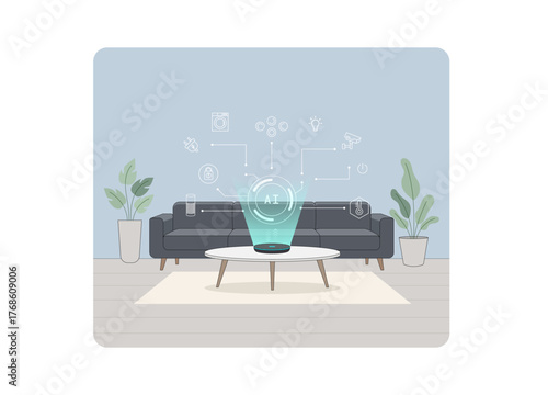 The image illustrates the concept of a connected home, the Internet of Things (IoT), and how AI technology is used to automate and manage domestic life and smart devices.