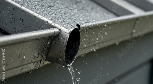 Rainwater flowing from a metal gutter downspout during a storm