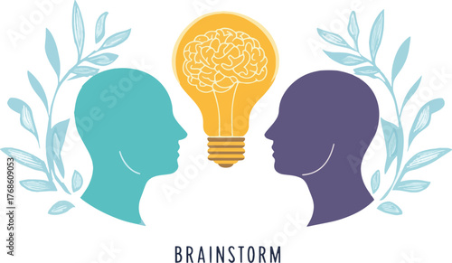 Brainstorming concept with two human heads, light bulb, and leaves