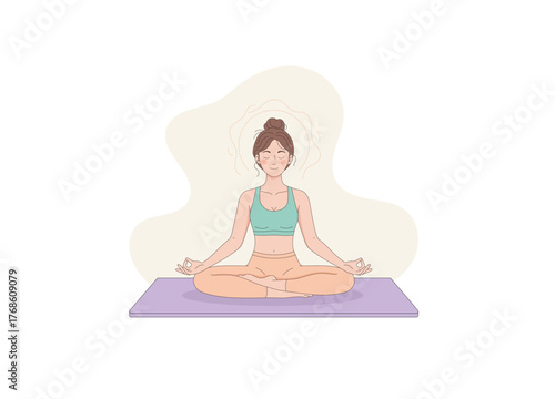 A woman in a cross-legged position (Sukhasana or Lotus pose), meditating on a purple yoga mat. The image represents concepts of well-being, mental health, yoga, and relaxation.