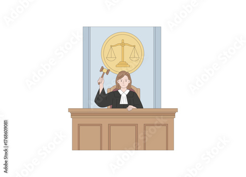 A female judge seated behind the bench in a courtroom. The overall image represents the legal system, justice, authority, and court proceedings.