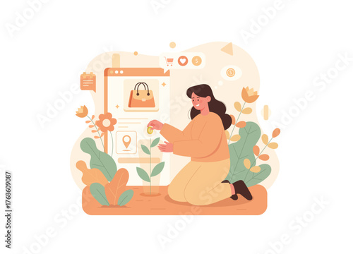 This illustration visually represents concepts related to financial growth, saving money for a purchase, sustainable shopping, conscious consumerism, or investing in future goals.