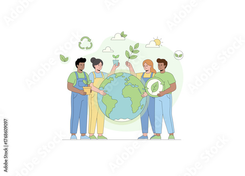 A group of four people working together to promote environmental stewardship and global conservation. The concepts of sustainability initiatives and a collective commitment to planetary well-being.
