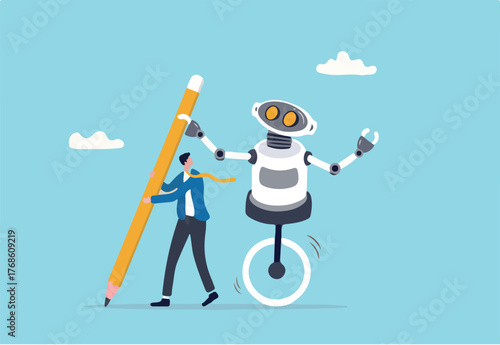 AI Artificial Intelligence work with human, robot or automation to help success, robot to replace human employment, job uncertainty concept, frustrated businessman working with pencil with AI robot