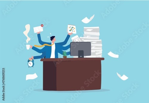 Workaholic, busy businessman multitasking or tired and exhausted from overworked, overload job, lot of paper works concept, workaholic businessman working hard on his office desk with paper works