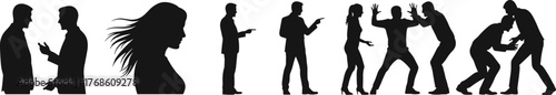 Conflict silhouette series, emotional interaction vector, argument and confrontation poses, black graphic icon, cad drawing flat vector illustration