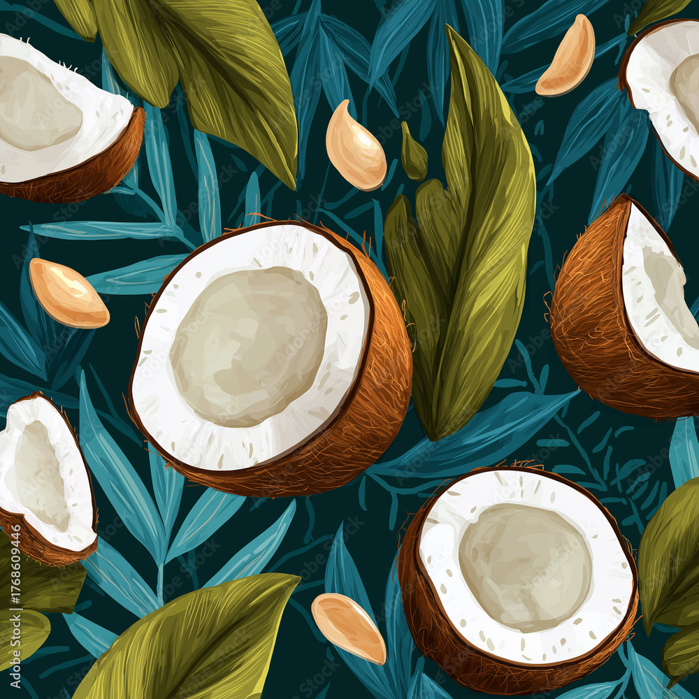 Coconut slices seamless tropical pattern vector illustration