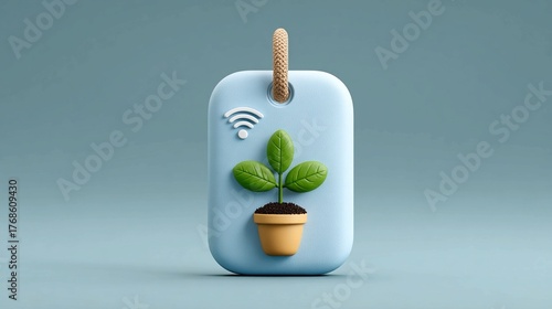 A 3D render of a light blue tag with a plant and Wi-Fi symbol, symbolizing smart gardening or eco-tech.