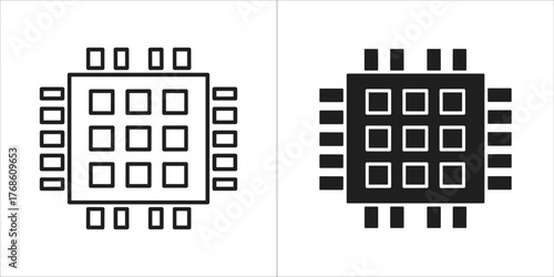 Two icons of a computer chip, one outlined and one filled