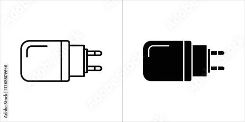 Outline and solid black icon of a power adapter