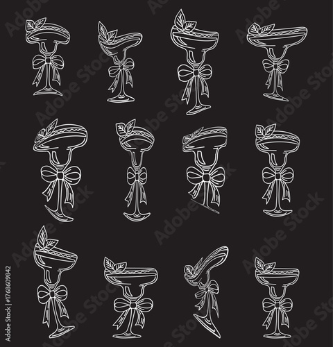 White Line Art Margarita Glasses with Bows and Leaves on Black