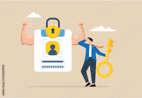 Businessman hold key to secure user account with strong padlock