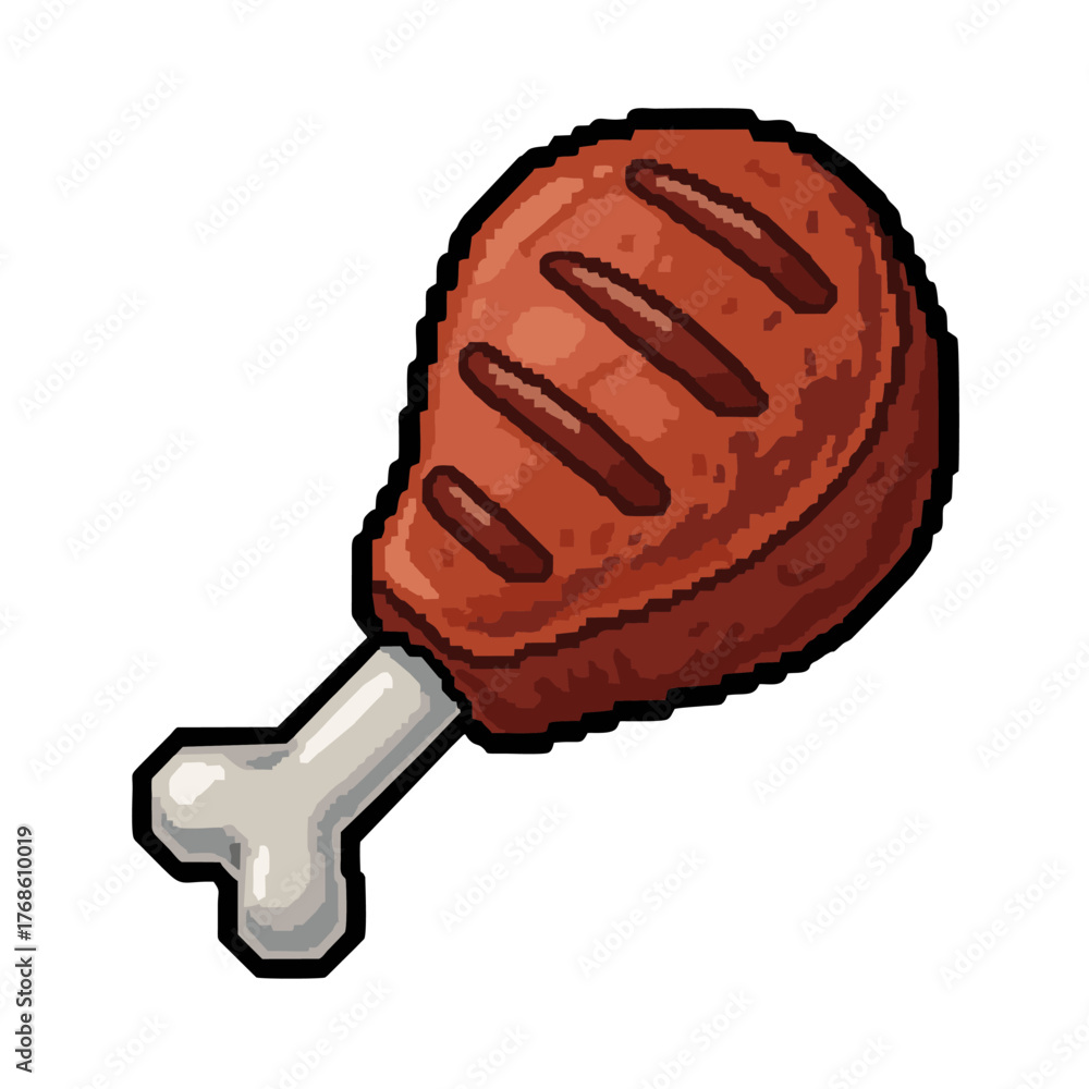 Vibrant pixel art grilled meat drumstick, delicious cooked food icon with visible bone and grill marks.