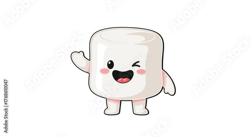 Happy anthropomorphic marshmallow waving with cheerful expression  
