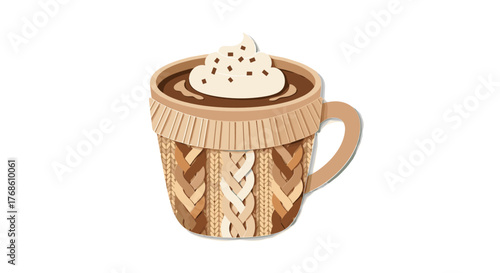 Hot cocoa mug with marshmallows and cinnamon stick in cozy design  