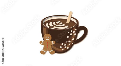 Hot cocoa mug with marshmallows and cinnamon stick next to gingerbread man  