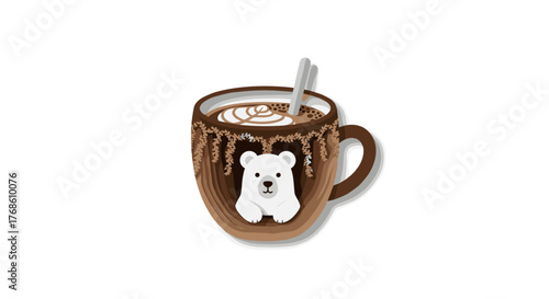 Hot cocoa mug with marshmallows and cinnamon stick with bear design  