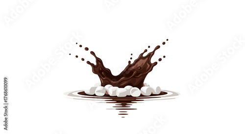 Cocoa splash in marshmallow lake creating ripples on white background  