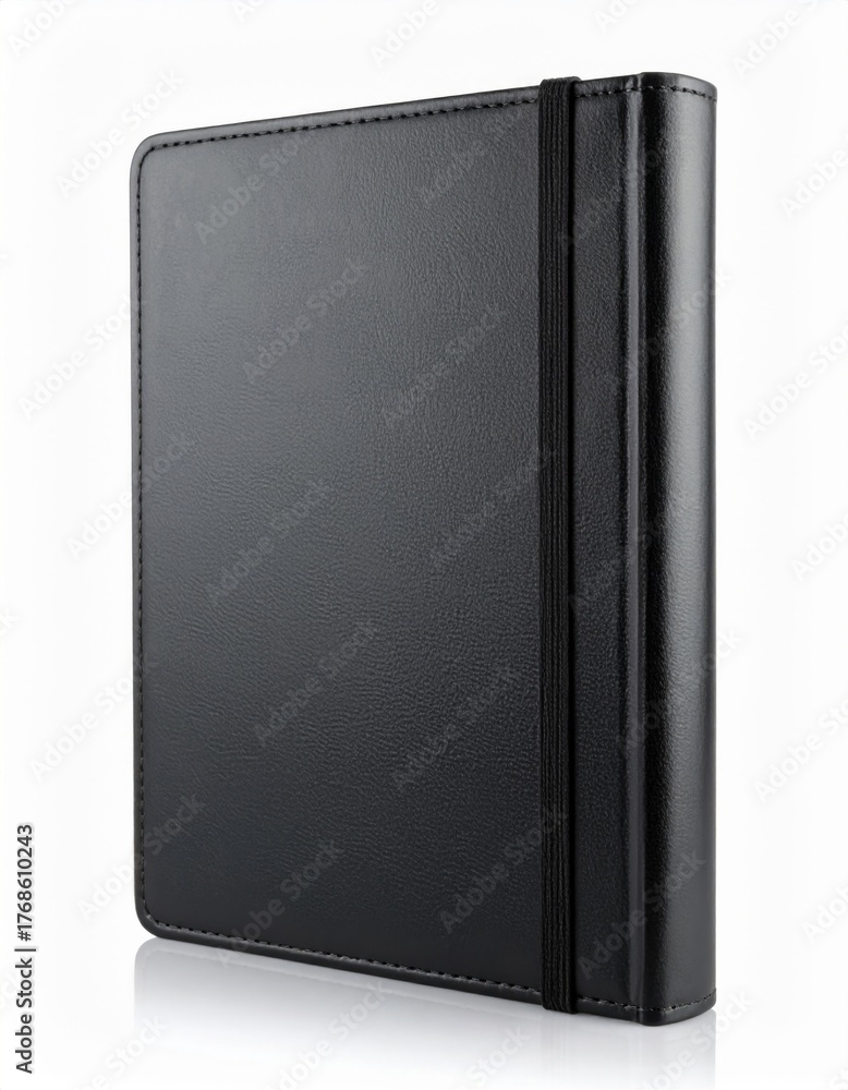 Naklejka premium Black Textured Journal with Elastic Band on White Background Studio Shot