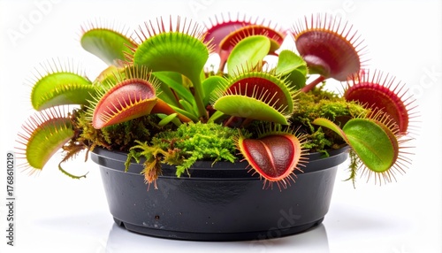 Venus Flytrap Plant in Black Pot with Red Spiked Leaves on White Background