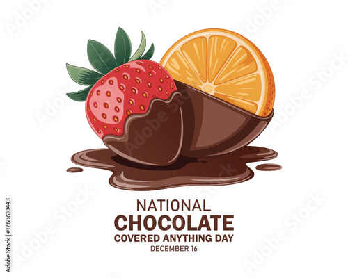 National Chocolate Covered Anything Day vector. Chocolate covered strawberry vector. Orange fruit with chocolate vector. Chocolate Covered Anything Day Poster, December 16.