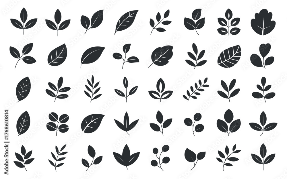 Fototapeta premium Set of Black Leaves Icons: Botanical Vector Design Elements