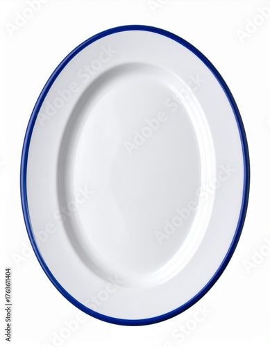 Oval White Plate with Blue Rim on Clean White Background Tableware