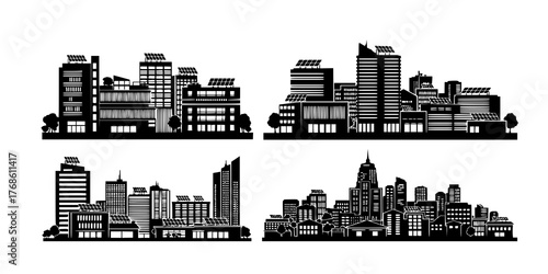 Energy Integrated Building Silhouette - Modern Black Vector of Solar Power Architecture and Sustainable City