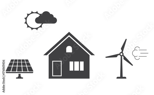 sun solar panel and wind turbine with house icon