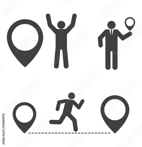 person run man with pin map pointer icon set