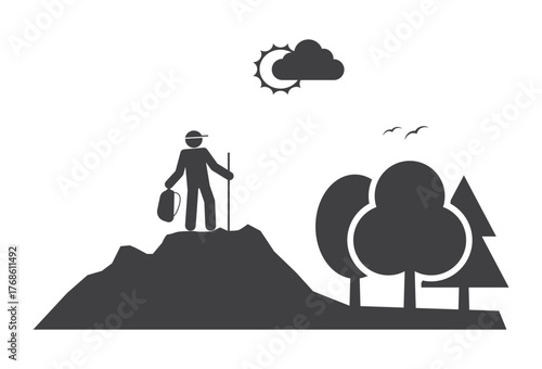 tourist with backpack hiking on mountain travel icon