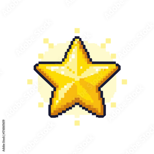 Pixel art golden star with a shiny, faceted surface and a sparkling yellow glow.