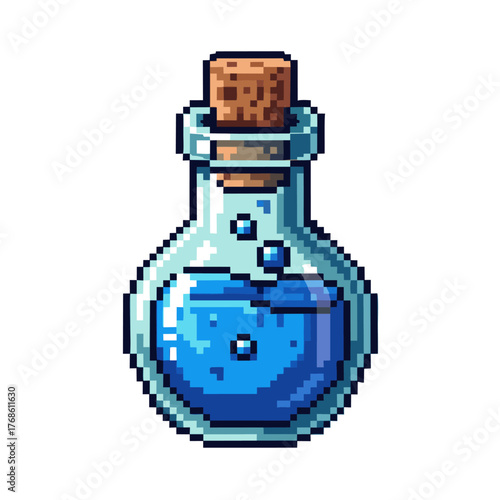 Pixel Art Glass Potion Bottle with Blue Liquid and Cork Stopper.