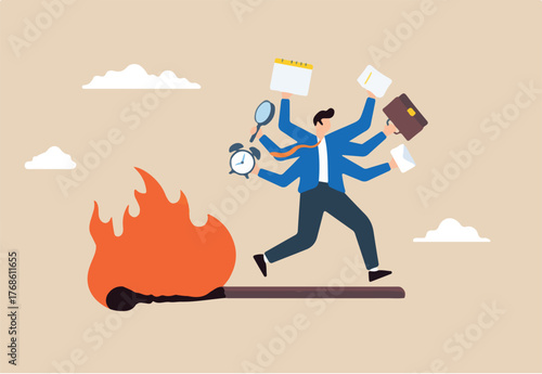 Businessman running above burning matchstick
