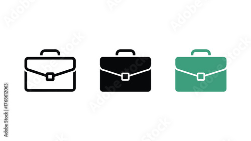Three simplified icons of briefcases in outline, solid black, and green colors.