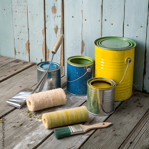 Old wooden barrels and buckets with faded blue paint next to a rusted metal oil drum for industrial storage