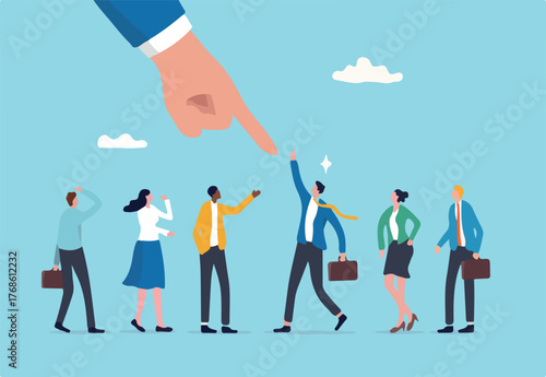 Choose candidate for job position, HR, human resources recruitment or hiring new employee, career opportunity or interview, talent or headhunter concept, businessman pointing at chosen candidate