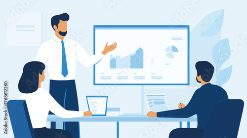 Business presentation with team meeting and chart on screen