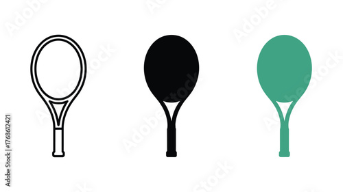 Three tennis rackets are shown in outline, solid black, and solid teal on a white background.