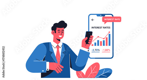 Businessman Analyzing Financial Data on Mobile App Showing Interest Rates in Digital Format