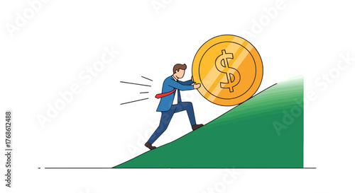 Businessman Ascends Hill With United States Dollar Coin Symbolizing Wealth And Achievement