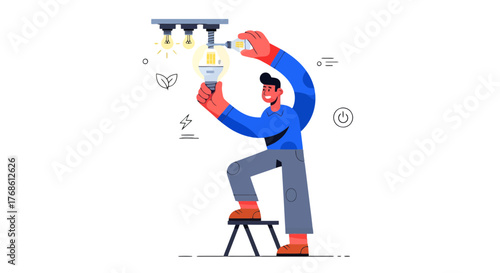 Changing The Bulb: A Man Replacing LED Lightbulb While Standing On A Stool