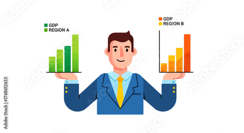 Businessman Holds Rising And Falling Bar Charts Indicating Success Or Failure In Strategy