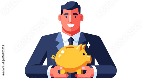 Businessman Holds Gold Piggy Bank Showing Financial Stability and Prosperity in Style