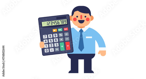 Cheerful Accountant Calculating Numbers With Digital Calculator Against Black Background