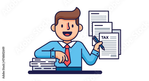 Cheerful Accountant Performing Tax Preparations With Various Documents on Black Background