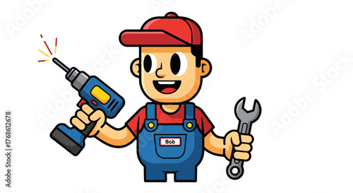 Cheerful Cartoon Mechanic Character Holding Tools for Repair and Fixes