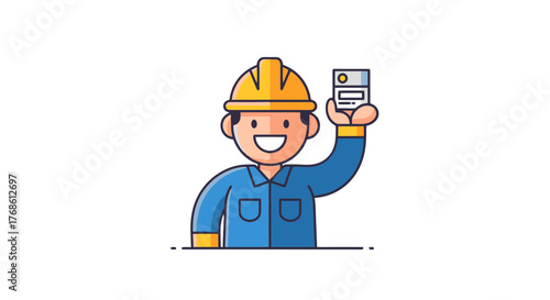 Cheerful Engineer Holding Device, Showing Success and Illustrating Technology and Innovation