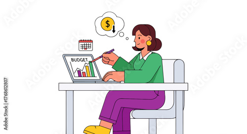 Businesswoman Analyzing Budget on Computer Illustrating Financial Planning and Strategies